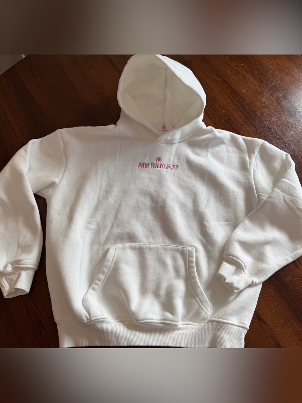 Pink Palm Puff White Hoodie with Pink Embroidered Logo